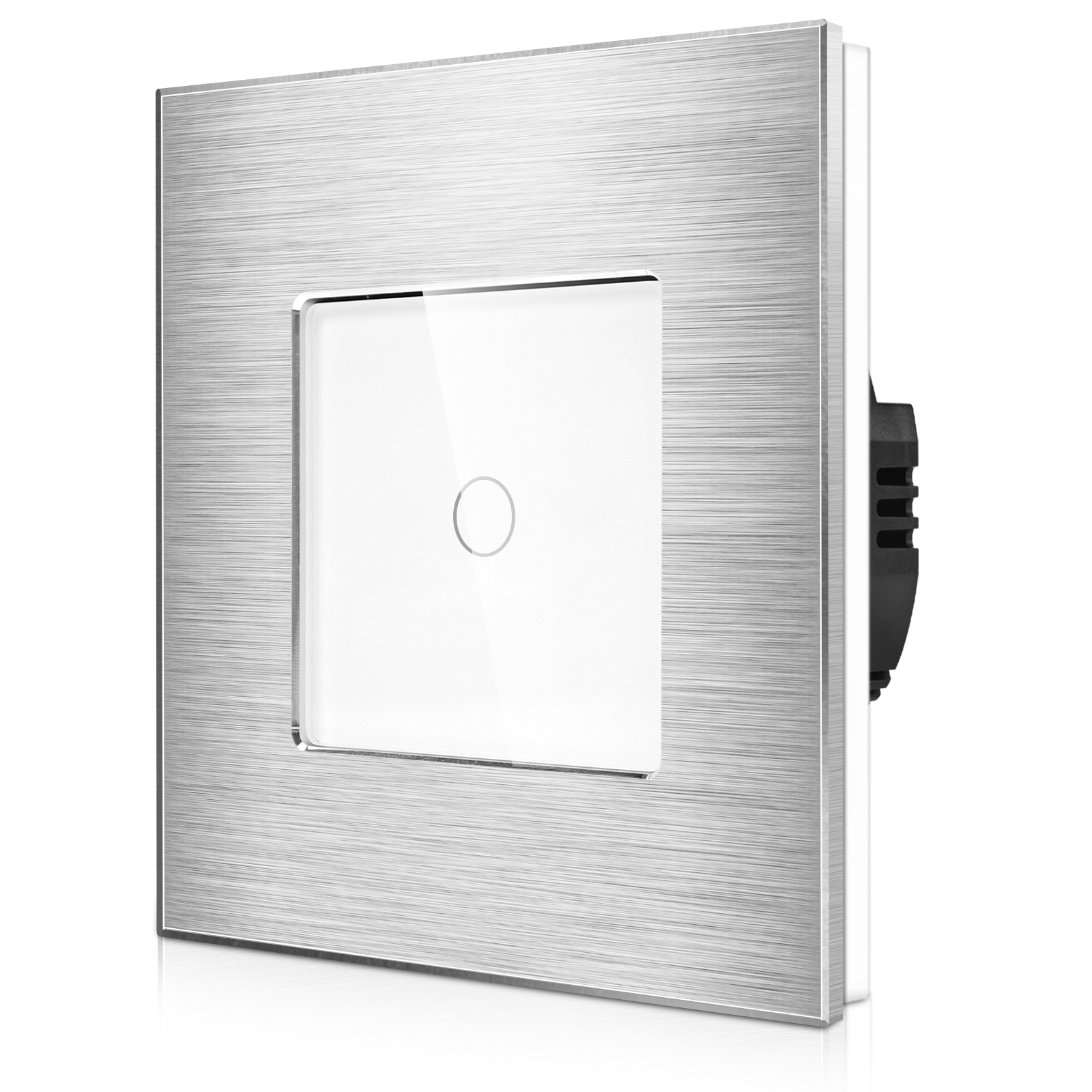 LSM-0001_diagonal_W.jpg Паметен WiFI прекинувач на допир со еден тастер алуминиумска рамка 600W НулаФаза Бела