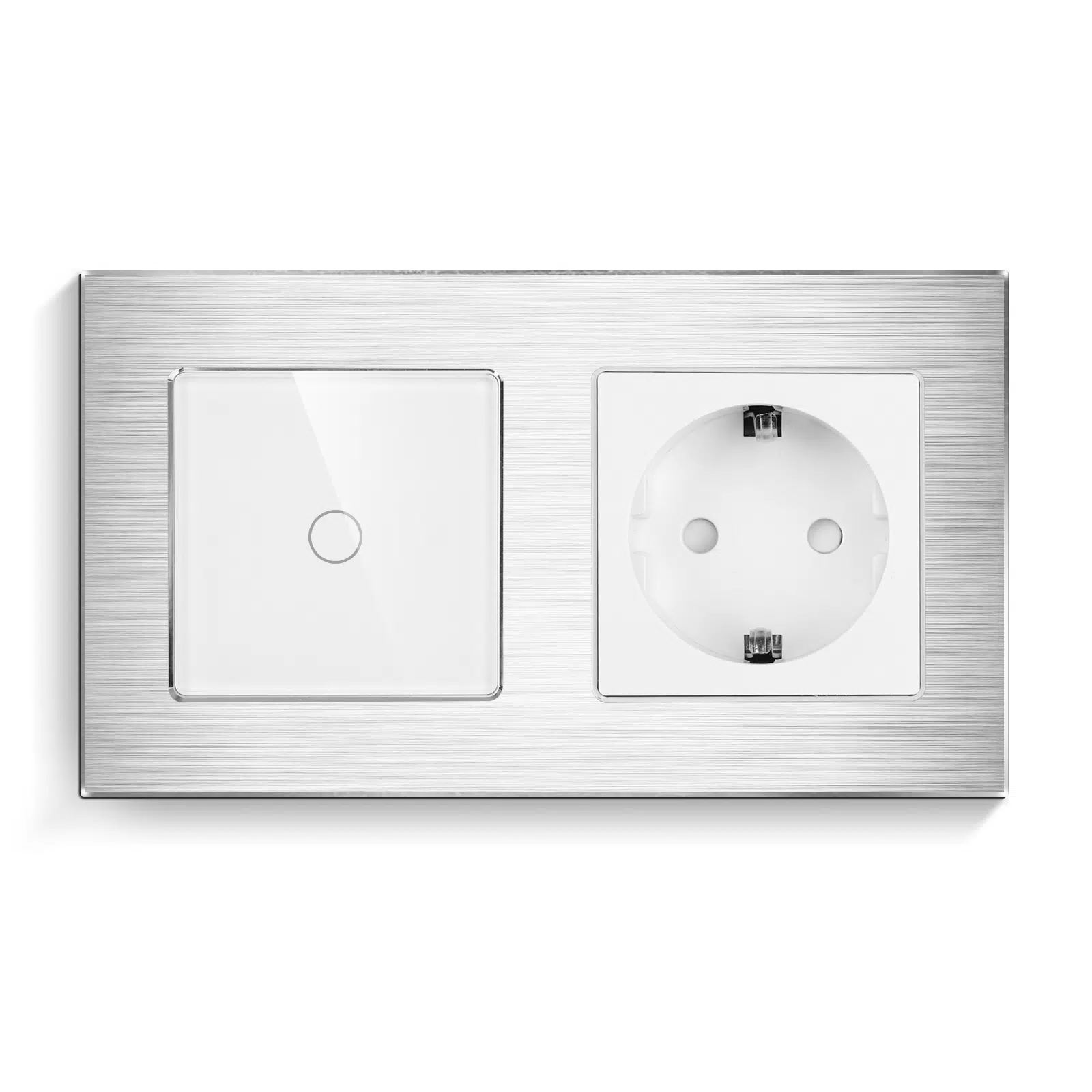LSM-0002_W_front.jpg Паметен WiFI прекинувач на допир со еден тастер и паметна утичница дводелна алуминиумска рамка 600W  НулаФаза Предна страна