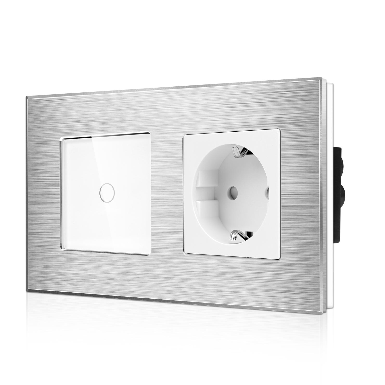 LSM-0002_diagonal_W.jpg Паметен WiFI прекинувач на допир со еден тастер и паметна утичница дводелна алуминиумска рамка 600W НулаФаза Бела