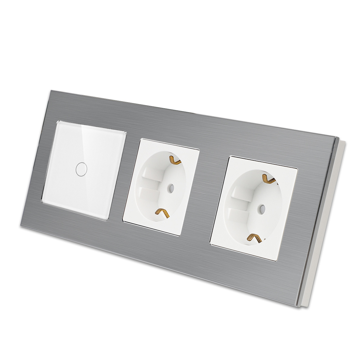 LSM-0003_diagonal_W.jpg Паметен WiFI прекинувач на допир со еден тастер и две утичници троделна алуминиумска рамка 600W НулаФаза Бела