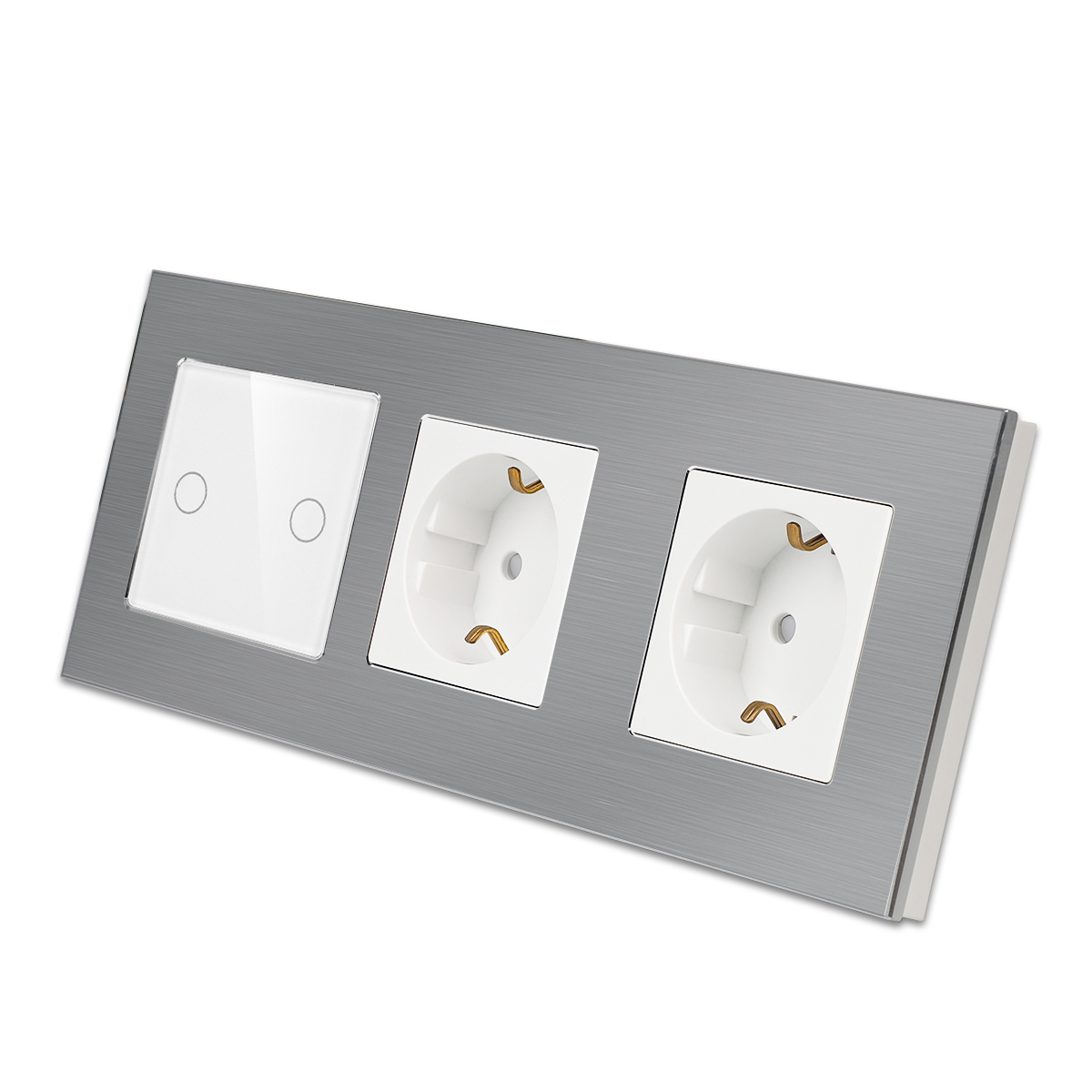 LSM-0004_diagonal_W.jpg Паметен WiFI прекинувач на допир со два тастера и две утичници троделна алуминиумска рамка 600W НулаФаза Бела