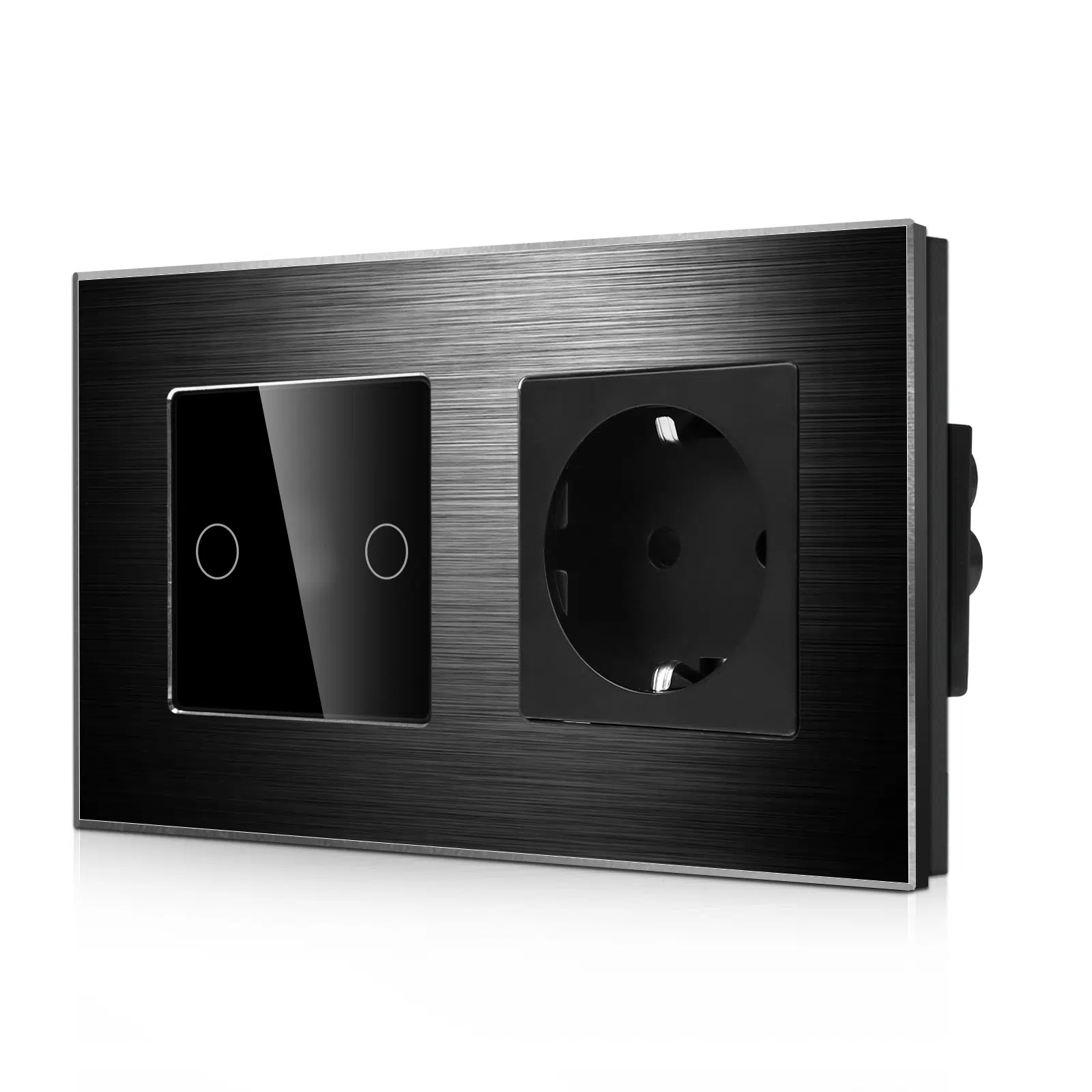 LSM-SS-0002_diagonal_B.jpg Паметен WiFI прекинувач на допир со два тастера и паметна утичница дводелна алуминиумска рамка 600W  НулаФаза Црна