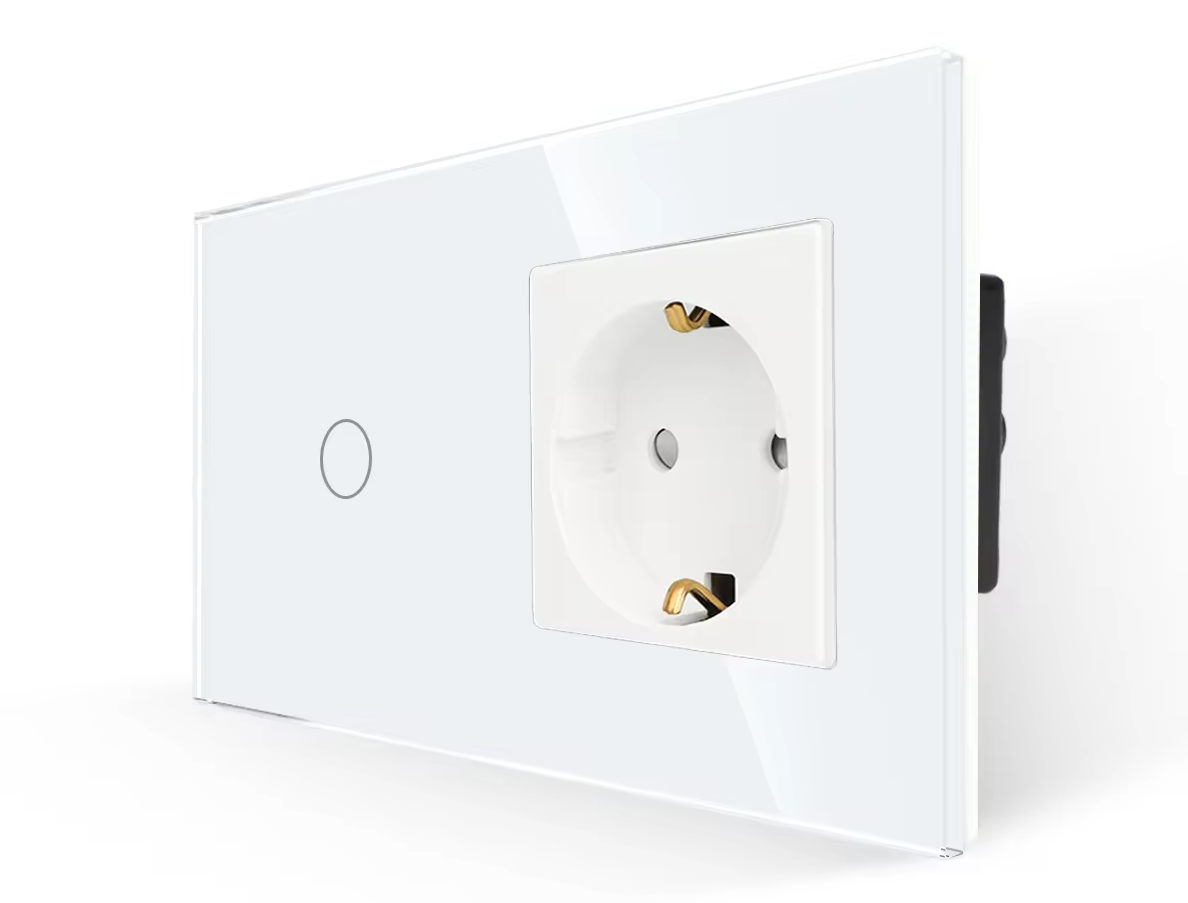 LSP-0001_diagonal_W_i.png Паметен WiFI прекинувач на допир со еден тастер и паметна утичница дводелен стаклен панел 600W Бела