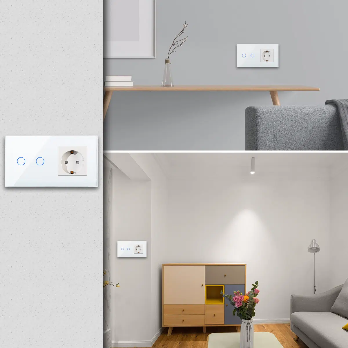 LSP-0002_W_lifestyle.jpg Паметен WiFI прекинувач на допир со два тастера и паметна утичница дводелен стаклен панел 600W Во простор