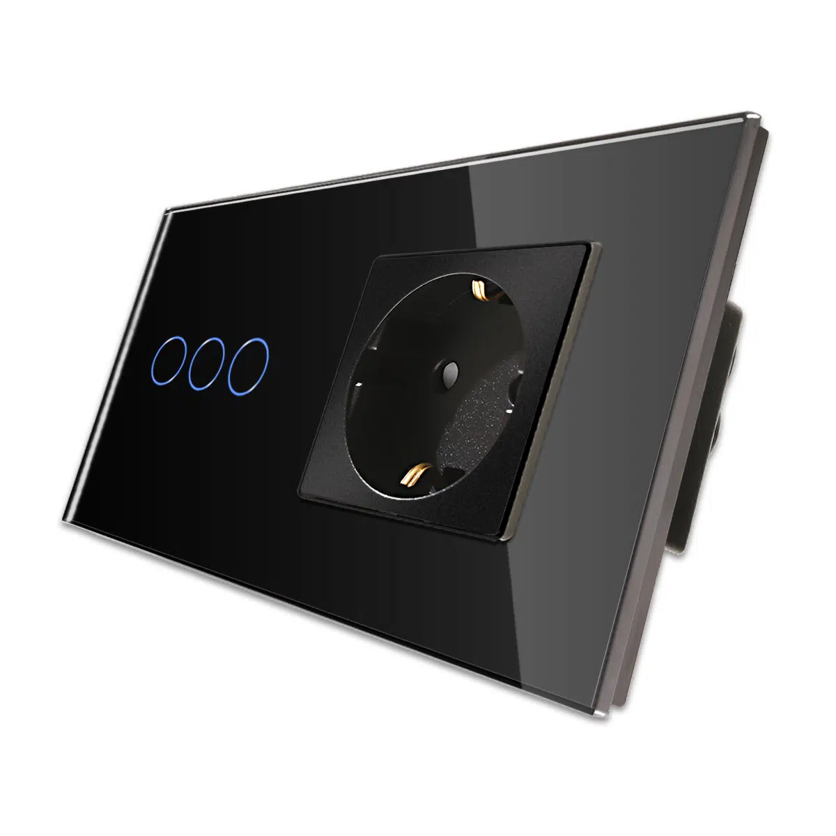 LSP-0003_diagonal_B.jpg Паметен WiFI прекинувач на допир со три тастери и паметна утичница дводелен стаклен панел 600W Црна