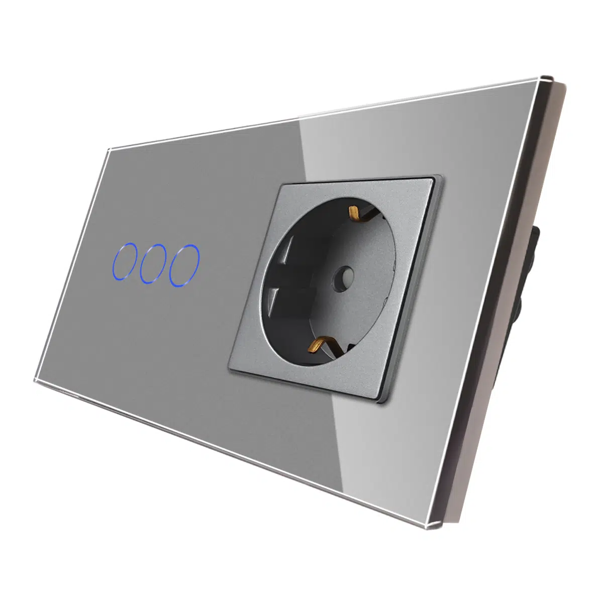 LSP-0003_diagonal_G.jpg Паметен WiFI прекинувач на допир со три тастери и паметна утичница дводелен стаклен панел 600W Сива