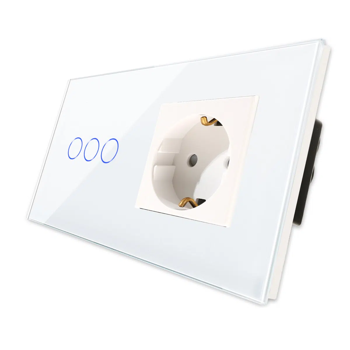 LSP-0003_diagonal_W.jpg Паметен WiFI прекинувач на допир со три тастери и паметна утичница дводелен стаклен панел 600W Бела