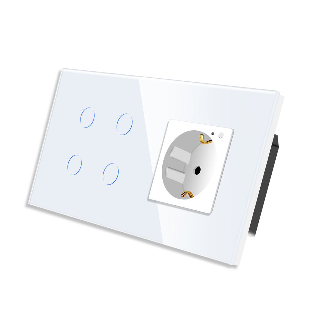 LSP-0004_diagonal_W.jpg Паметен WiFI прекинувач на допир со четири тастери и паметна утичница дводелен стаклен панел 600W Бела