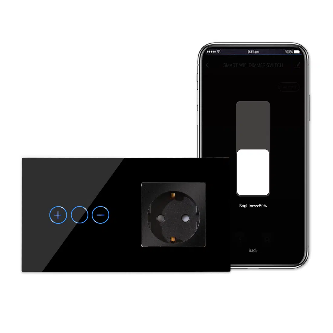 LSP-0005_B_lifestyle.jpg Паметен WiFI потенциометар на допир со утичница дводелен стаклен панел 200W Во простор