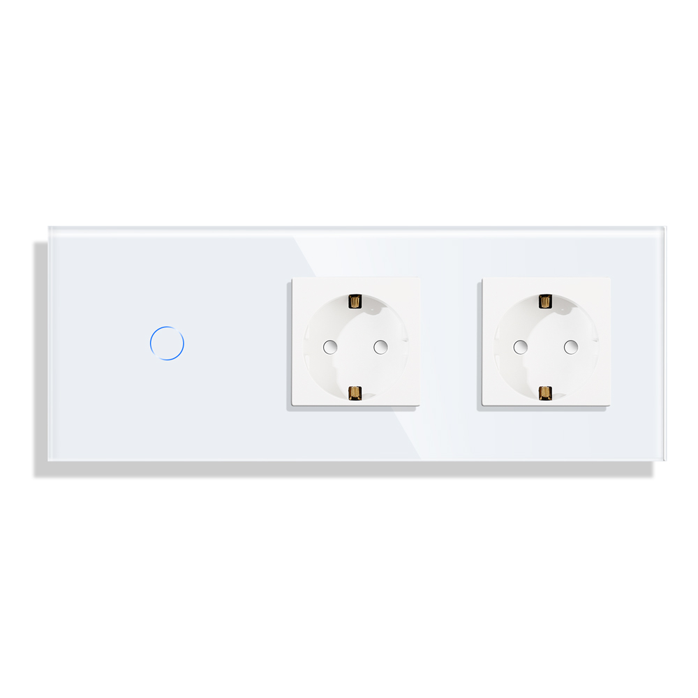 MOD-0001_front_W.jpg Паметен WiFI прекинувач на допир со еден тастер и две утичници без WiFi троделен стаклен панел 600W Бела