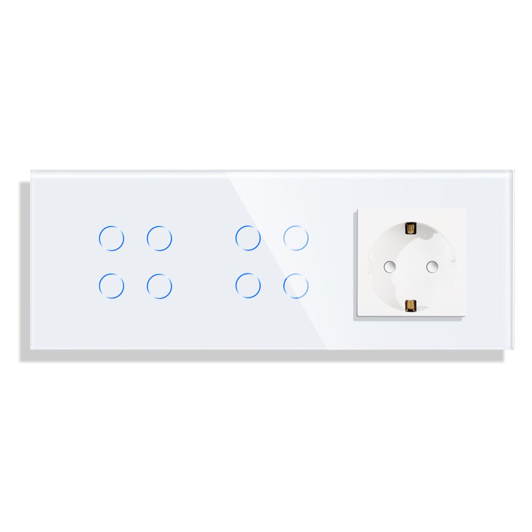 xr:d:DAGBK5kgcxs:38,j:401244094075645119,t:24040316 Паметен WiFI прекинувач на допир со четири тастери и две утичници без WiFi троделен стаклен панел 600W Бела