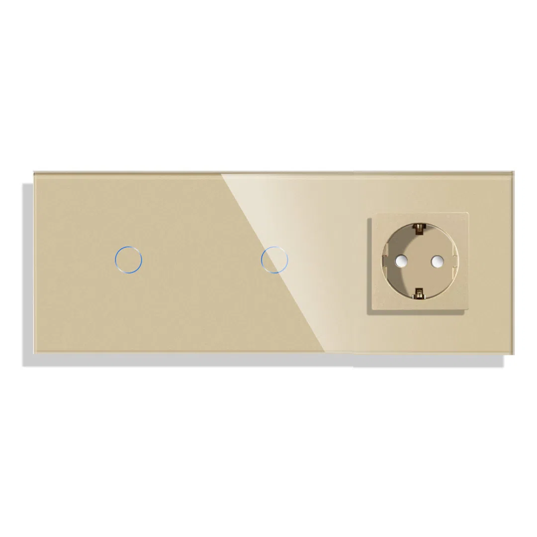 MOD-0006_A_front.png Паметен WiFI прекинувач на допир со два тастера 11 и утичница без WiFi троделен стаклен панел Златна