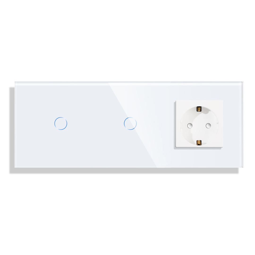 MOD-0006_W_front.png Паметен WiFI прекинувач на допир со два тастера 11 и утичница без WiFi троделен стаклен панел Бела