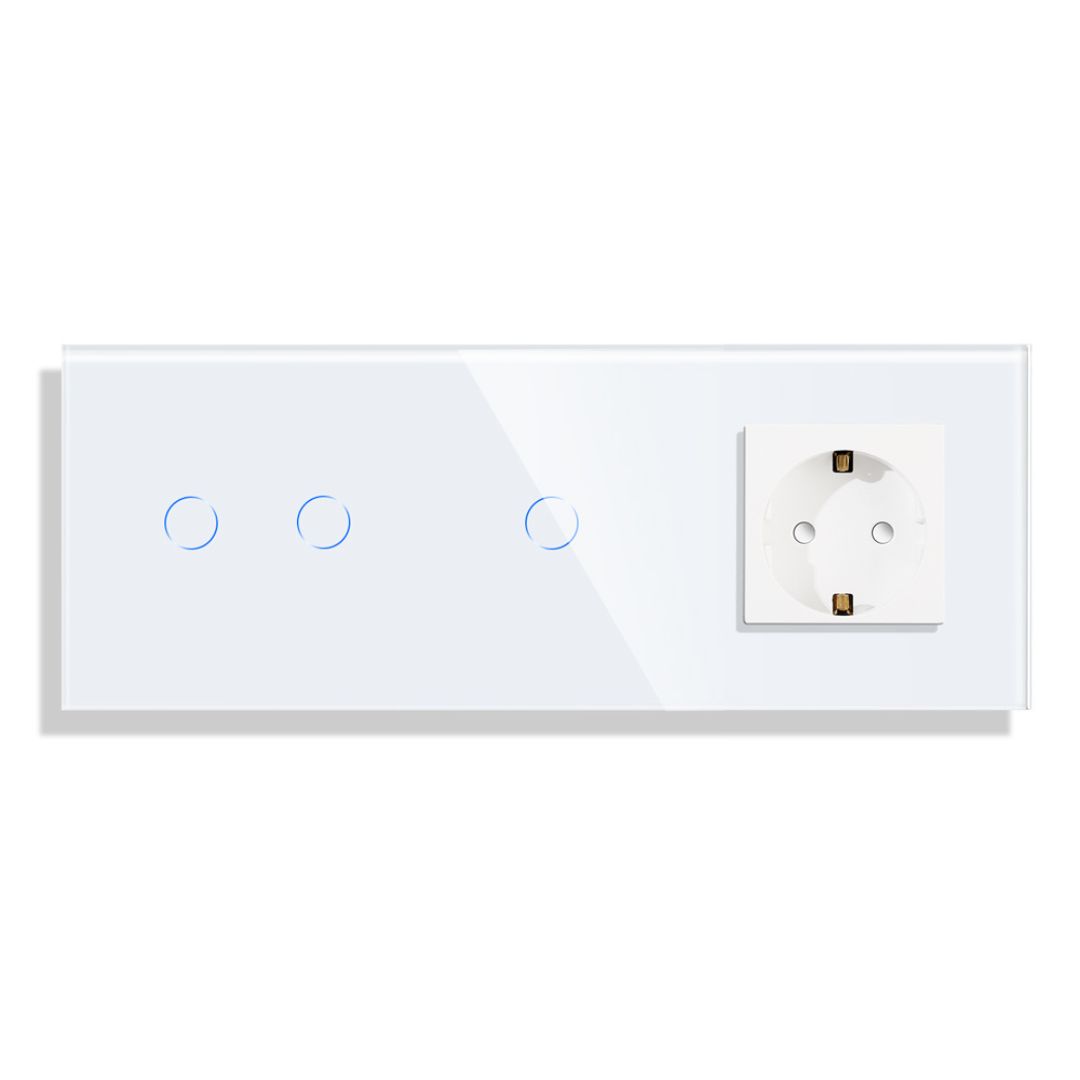 xr:d:DAGBK5kgcxs:20,j:1669007382783859491,t:24040315 Паметен WiFI прекинувач на допир со три тастери 21 и утичница без WiFi троделен стаклен панел Бела