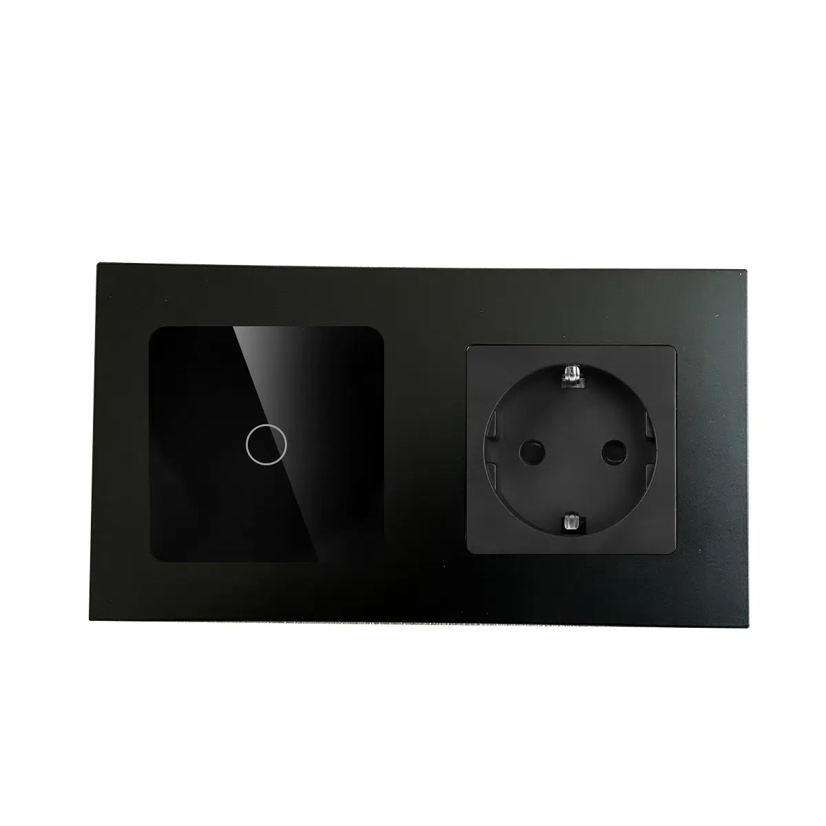 VM-0002_B_front.jpg Паметен WiFI прекинувач на допир со еден тастер и една утичница дводелна ПВЦ рамка 600W  НулаФаза Црна