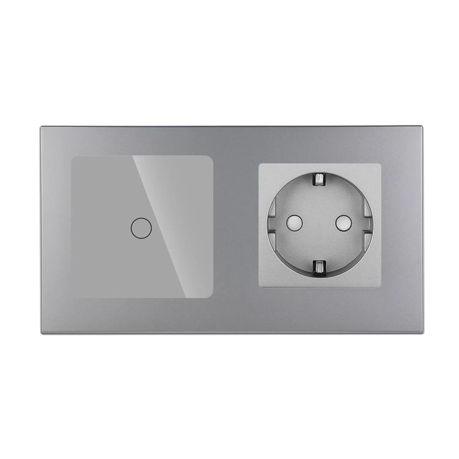 VM-0002_G_front.jpg Паметен WiFI прекинувач на допир со еден тастер и една утичница дводелна ПВЦ рамка 600W  НулаФаза Сива