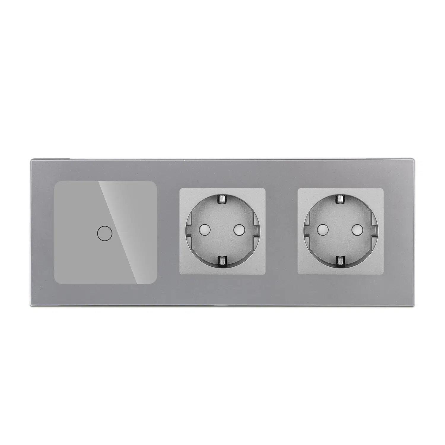 VM-0003_G_front.jpg Паметен WiFI прекинувач на допир со еден тастер и две утичници троделна ПВЦ рамка 600W  НулаФаза Сива