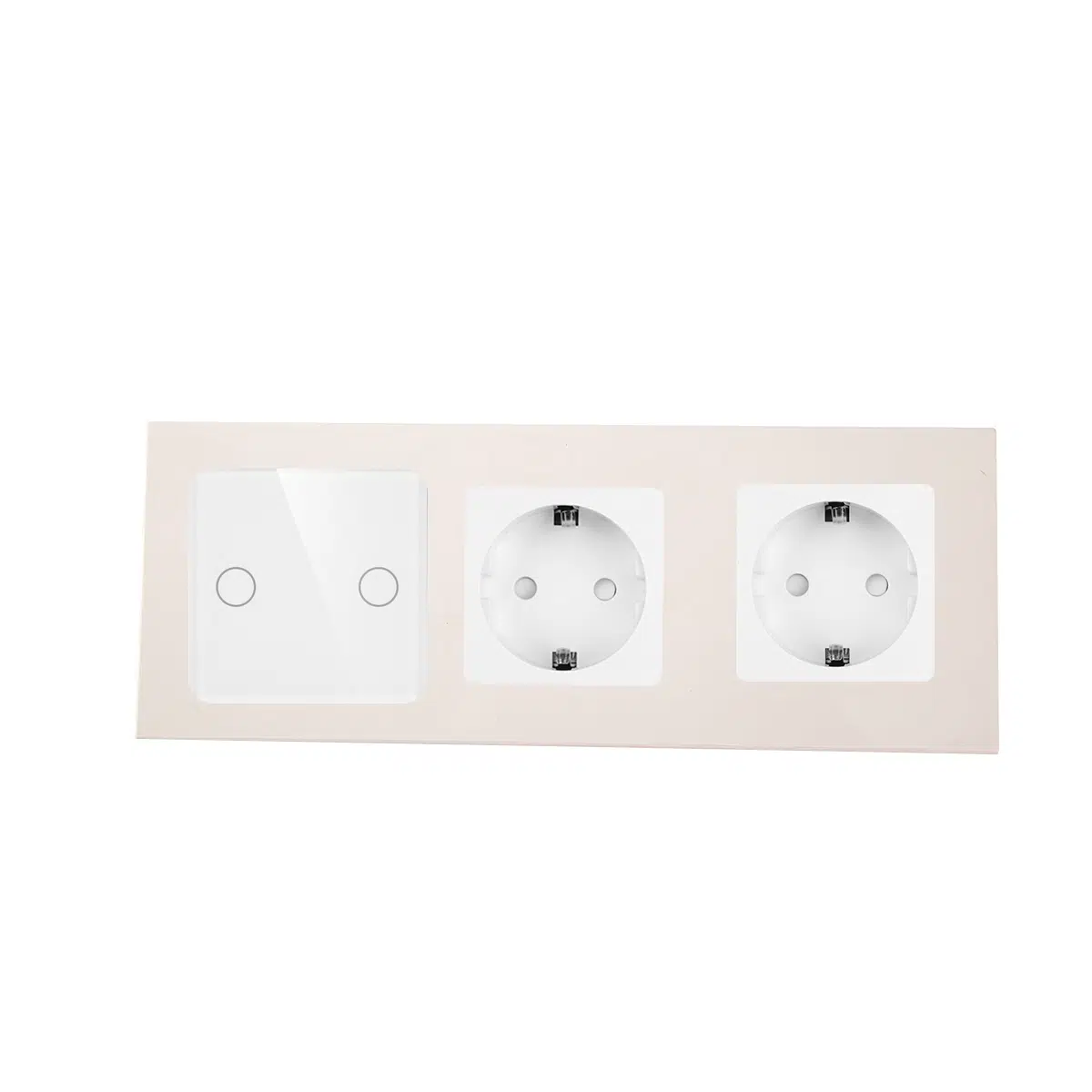 VM-0004_W_front.jpg Паметен WiFI прекинувач на допир со два тастера и две утичници троделна ПВЦ рамка 600W  НулаФаза Бела