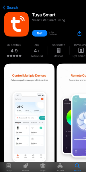 Tuya апликацијата преку продавница Преглед на Tuya апликацијата на страницата на App Store, прикажувајќи ги името, оценката, иконката и краткиот опис пред да се инсталира.